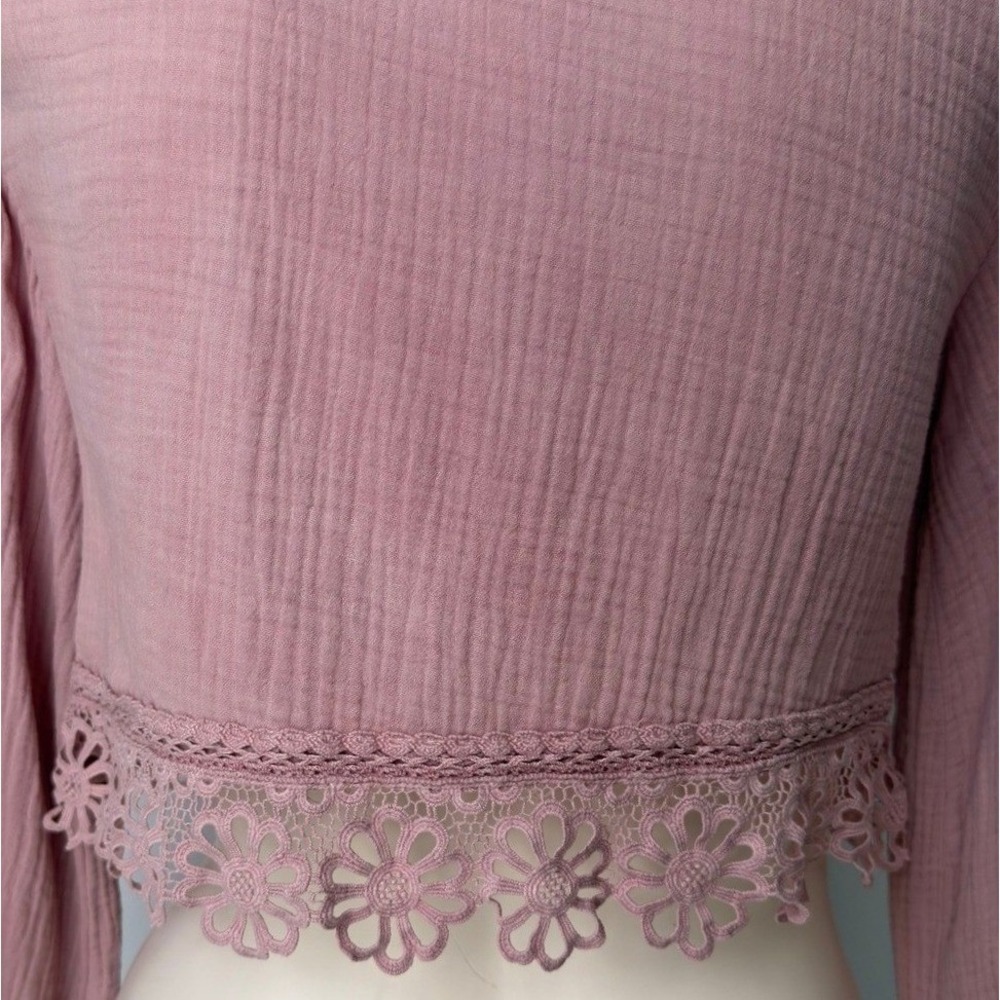 Zara Girls Mauve Pink Gauze Crochet Lace Trim Button Crop Top Boho Size 11-12 - Picture 6 of 7